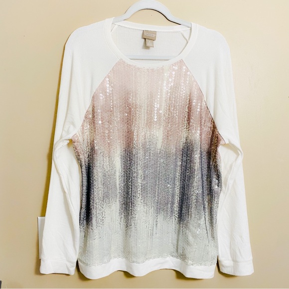 Chico’s Ombré‎ Blush Pink & Gray Sequin Long Sleeve Lightweight Sweater Sz Large - Picture 2 of 8